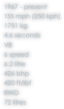 1967 - present
155 mph (250 kph)
1751 kg
4.6 seconds
V8
6 speed
6.2 litre
426 bhp
420 ft/lbf
RWD
72 litres
